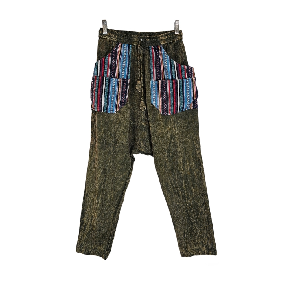 East Meets West Stone Wash Boho Harem Pants Green Yellow Size Medium Large
